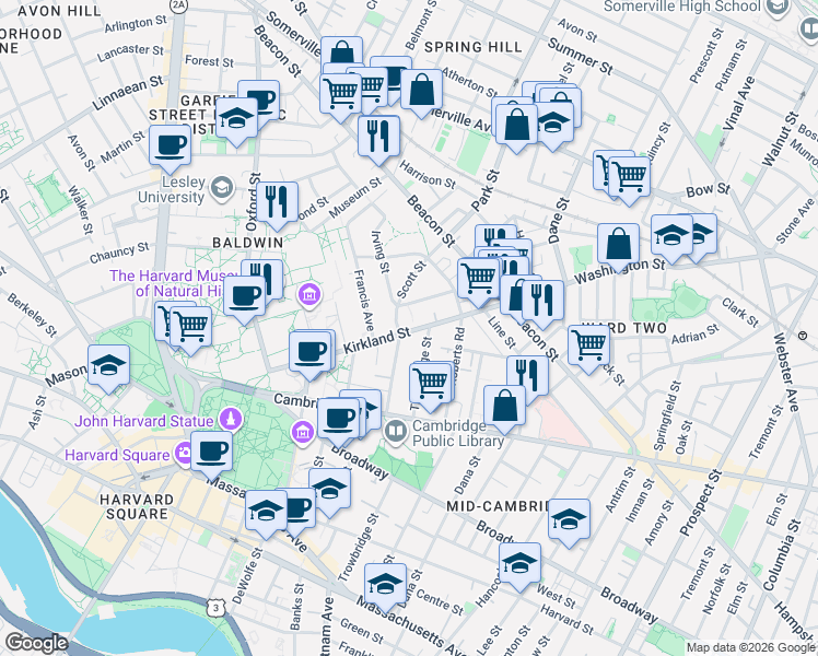map of restaurants, bars, coffee shops, grocery stores, and more near 2 Farrar Street in Cambridge