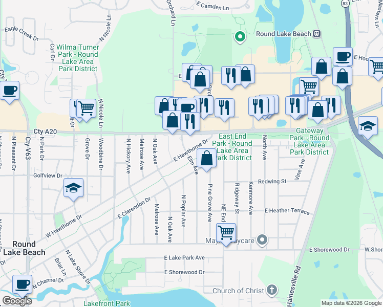 map of restaurants, bars, coffee shops, grocery stores, and more near 233 East Hawthorne Drive in Round Lake Beach