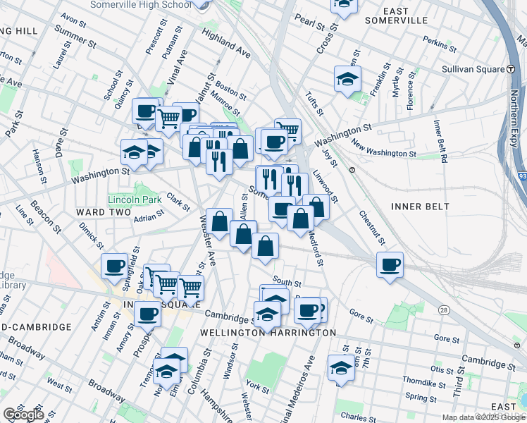 map of restaurants, bars, coffee shops, grocery stores, and more near 12 Linden Street in Somerville