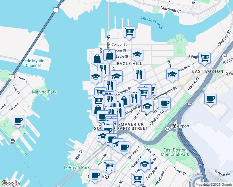 map of restaurants, bars, coffee shops, grocery stores, and more near 44 Lexington Street in Boston