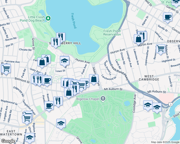 map of restaurants, bars, coffee shops, grocery stores, and more near 1 Aberdeen Way in Cambridge