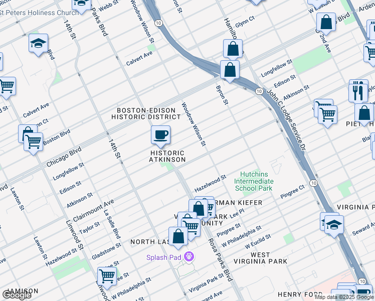 map of restaurants, bars, coffee shops, grocery stores, and more near 1673 Atkinson Street in Detroit