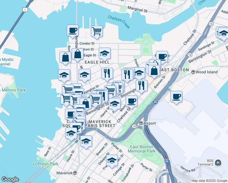 map of restaurants, bars, coffee shops, grocery stores, and more near 200 Saratoga Street in Boston
