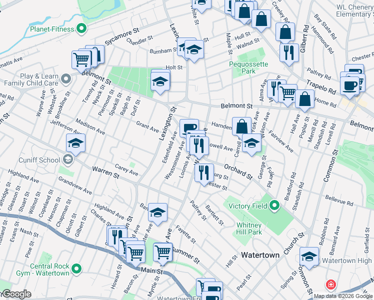map of restaurants, bars, coffee shops, grocery stores, and more near 33 Bradshaw Street in Watertown