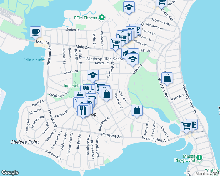 map of restaurants, bars, coffee shops, grocery stores, and more near 15 George Street in Winthrop