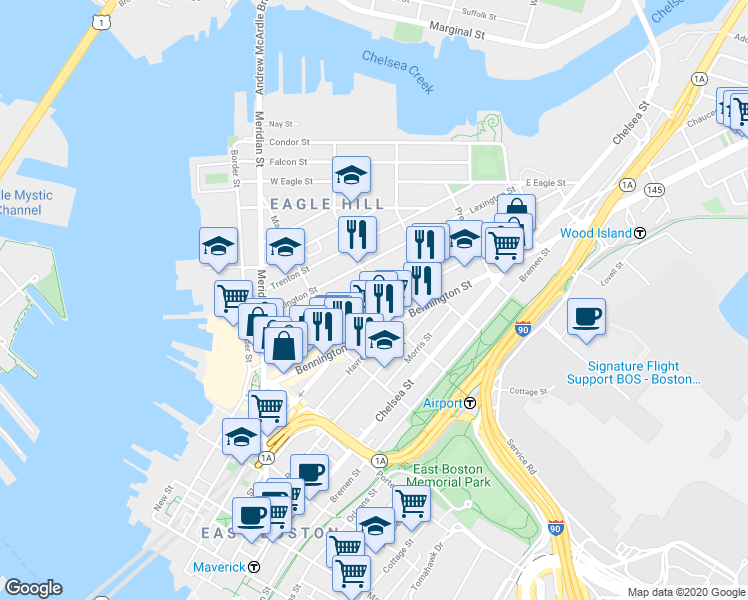 map of restaurants, bars, coffee shops, grocery stores, and more near 143 Princeton Street in Boston