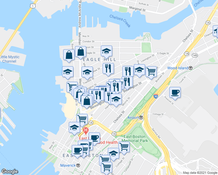map of restaurants, bars, coffee shops, grocery stores, and more near 129 Lexington Street in Boston