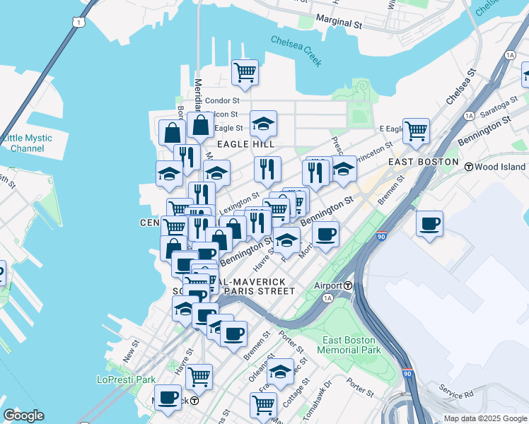 map of restaurants, bars, coffee shops, grocery stores, and more near 129 Lexington Street in Boston