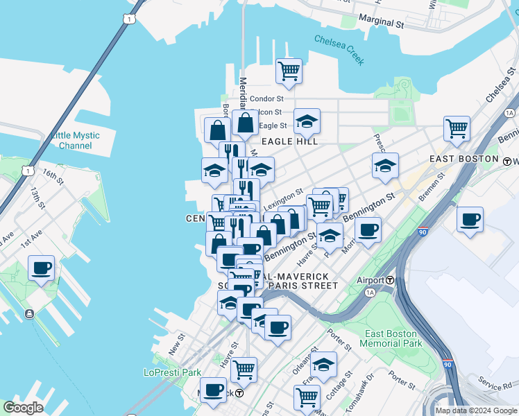 map of restaurants, bars, coffee shops, grocery stores, and more near 7 Trenton Street in Boston