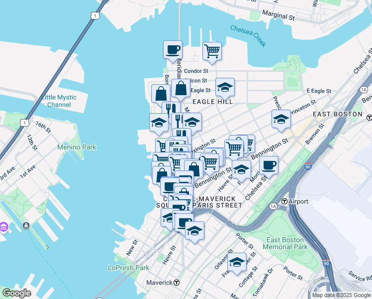 map of restaurants, bars, coffee shops, grocery stores, and more near 7 Trenton Street in Boston