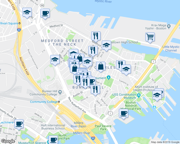map of restaurants, bars, coffee shops, grocery stores, and more near 51 School Street in Boston