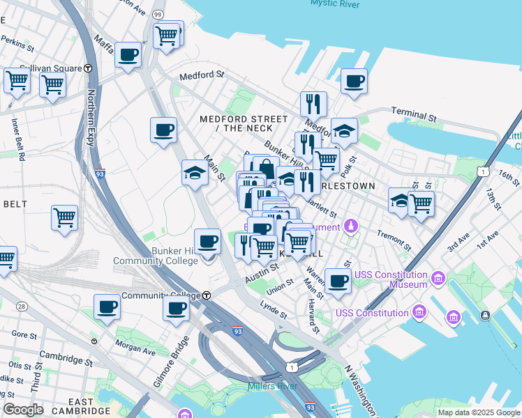 map of restaurants, bars, coffee shops, grocery stores, and more near 14 Sullivan Street in Boston