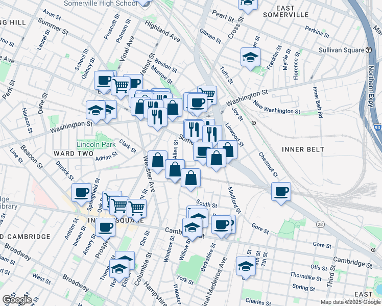 map of restaurants, bars, coffee shops, grocery stores, and more near 12 Linden Street in Somerville