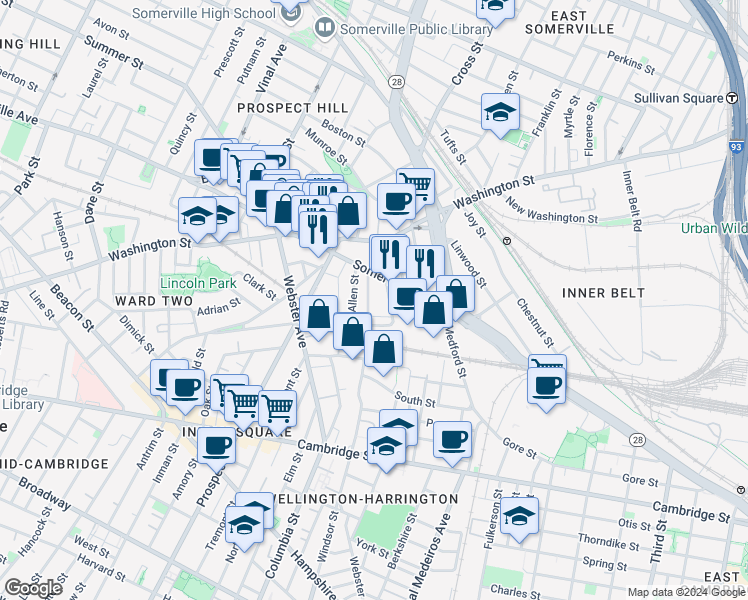 map of restaurants, bars, coffee shops, grocery stores, and more near 12 Linden Street in Somerville