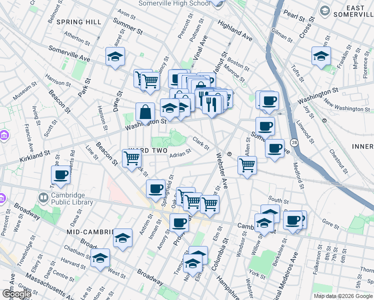 map of restaurants, bars, coffee shops, grocery stores, and more near 16 Lincoln Parkway in Somerville