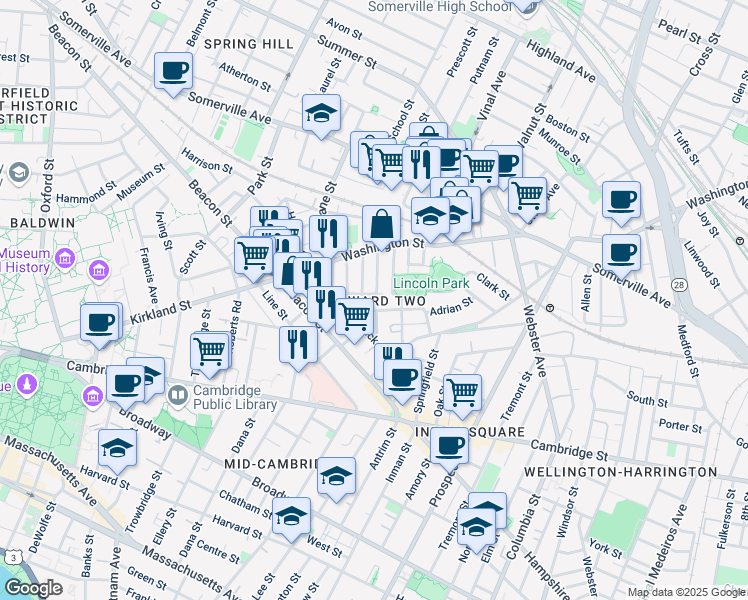 map of restaurants, bars, coffee shops, grocery stores, and more near 35 Rose Street in Somerville