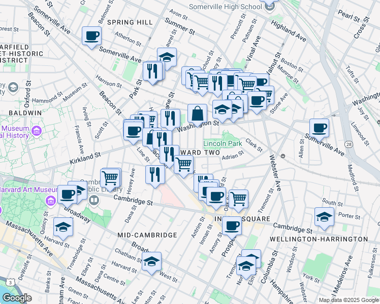 map of restaurants, bars, coffee shops, grocery stores, and more near 35 Rose Street in Somerville