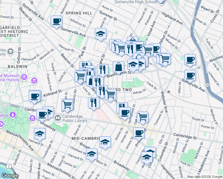 map of restaurants, bars, coffee shops, grocery stores, and more near 35 Rose Street in Somerville