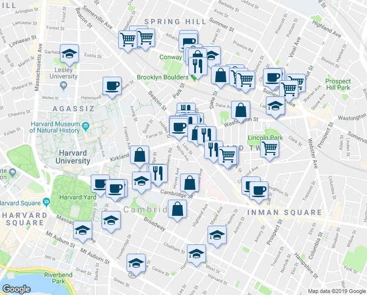 map of restaurants, bars, coffee shops, grocery stores, and more near 100 Kirkland Street in Cambridge