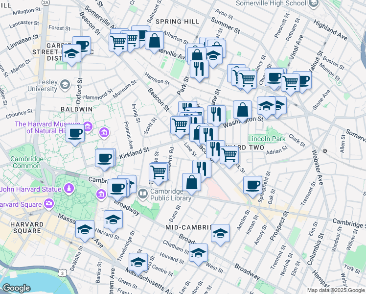 map of restaurants, bars, coffee shops, grocery stores, and more near 100 Kirkland Street in Cambridge