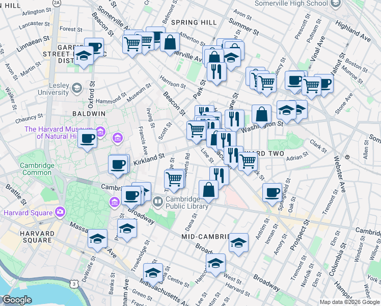 map of restaurants, bars, coffee shops, grocery stores, and more near 100 Kirkland Street in Cambridge