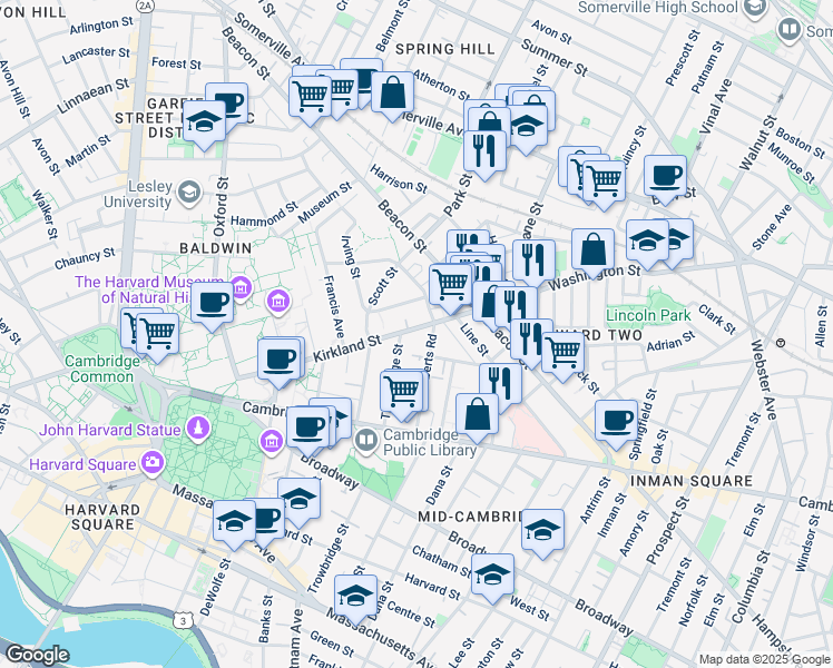 map of restaurants, bars, coffee shops, grocery stores, and more near in Cambridge