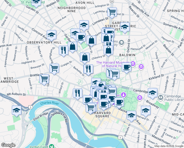 map of restaurants, bars, coffee shops, grocery stores, and more near 5 Concord Avenue in Cambridge