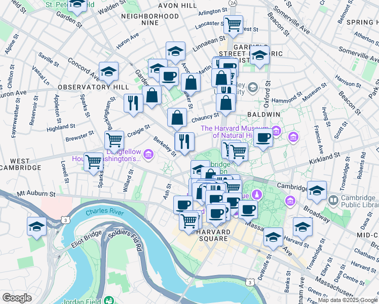 map of restaurants, bars, coffee shops, grocery stores, and more near 5 Concord Avenue in Cambridge