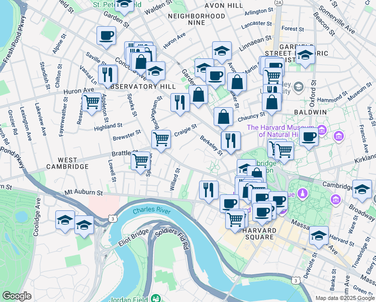 map of restaurants, bars, coffee shops, grocery stores, and more near 5 Berkeley Place in Cambridge