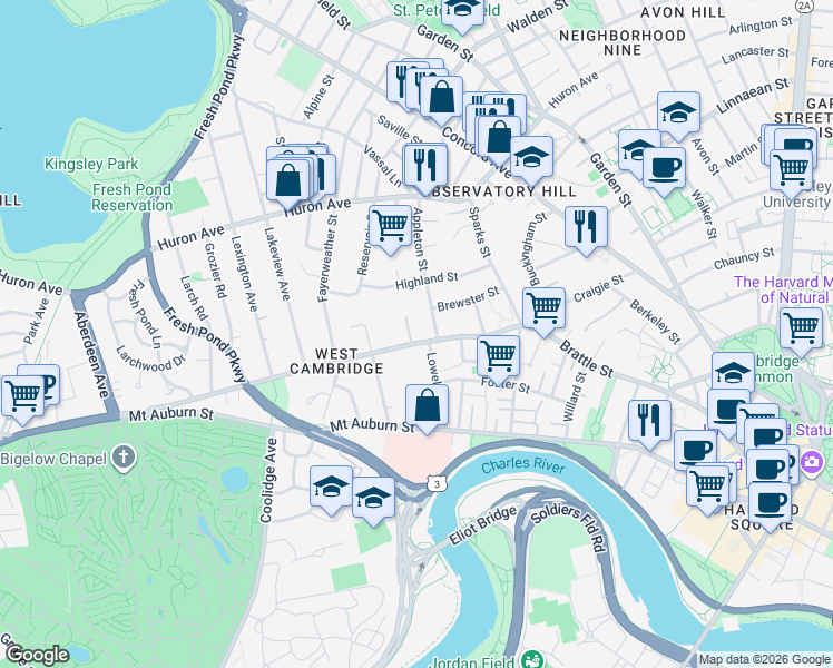 map of restaurants, bars, coffee shops, grocery stores, and more near 3 Kennedy Road in Cambridge