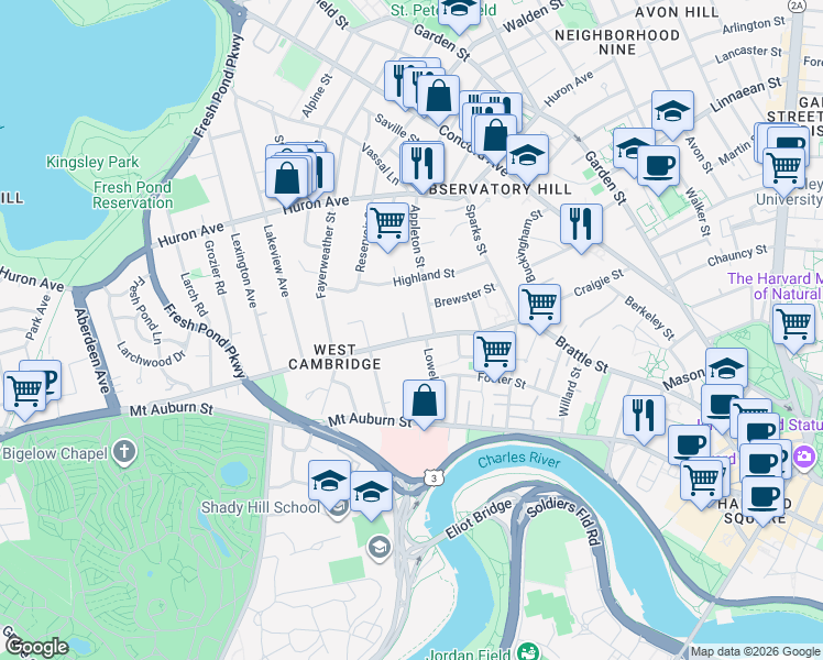 map of restaurants, bars, coffee shops, grocery stores, and more near 3 Kennedy Road in Cambridge