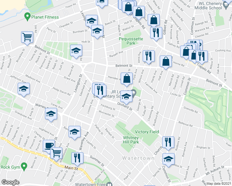 map of restaurants, bars, coffee shops, grocery stores, and more near 64 Lowell Avenue in Watertown