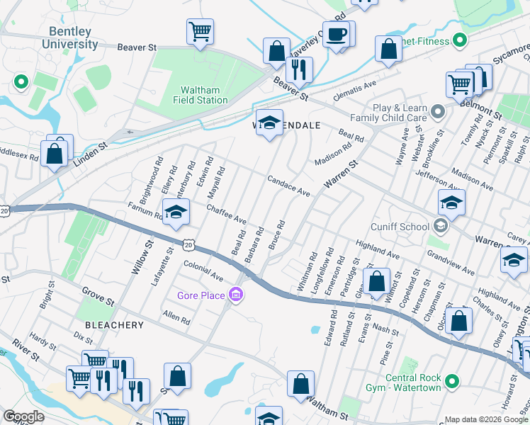 map of restaurants, bars, coffee shops, grocery stores, and more near 93 Barbara Road in Waltham