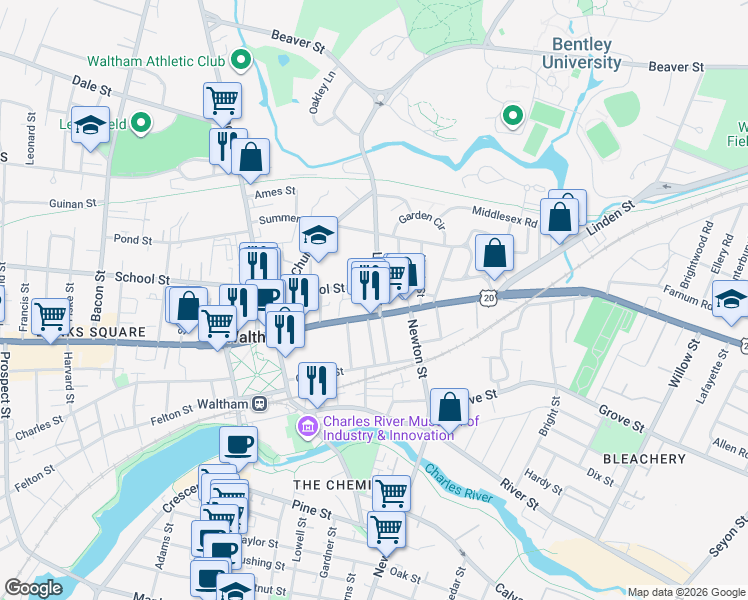 map of restaurants, bars, coffee shops, grocery stores, and more near 25 Lyman Street in Waltham
