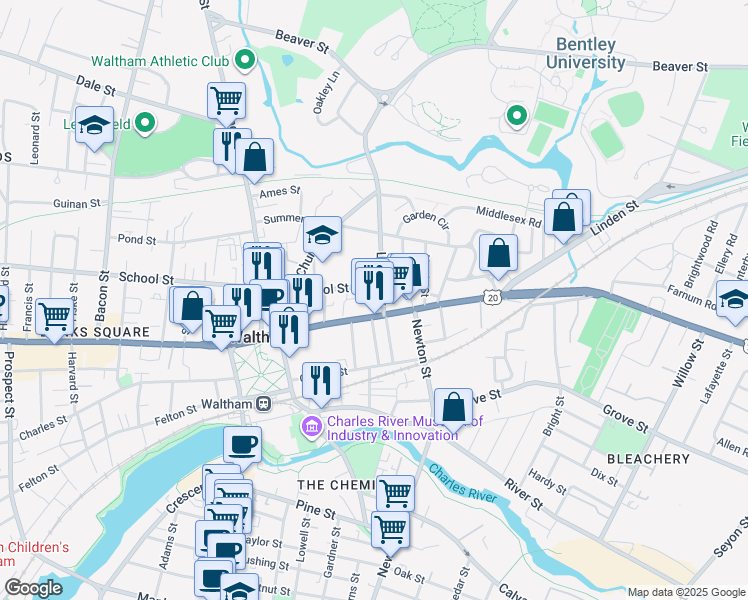 map of restaurants, bars, coffee shops, grocery stores, and more near 25 Lyman Street in Waltham