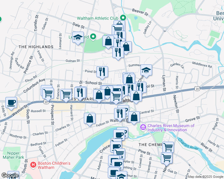 map of restaurants, bars, coffee shops, grocery stores, and more near 156 School Street in Waltham