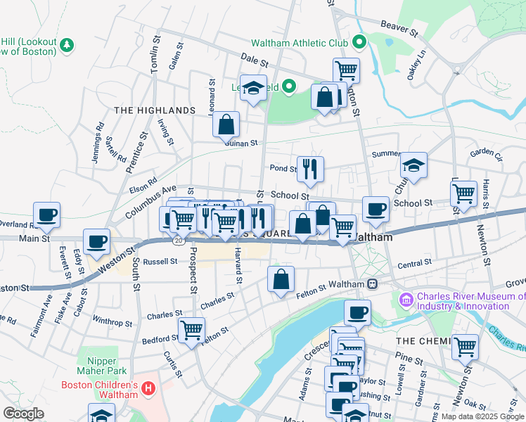 map of restaurants, bars, coffee shops, grocery stores, and more near 47b Bacon Street in Waltham