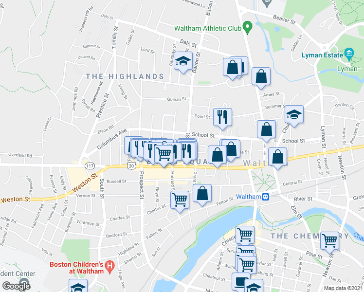 map of restaurants, bars, coffee shops, grocery stores, and more near 47b Bacon Street in Waltham