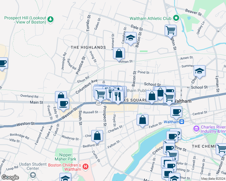 map of restaurants, bars, coffee shops, grocery stores, and more near 45b Francis Street in Waltham