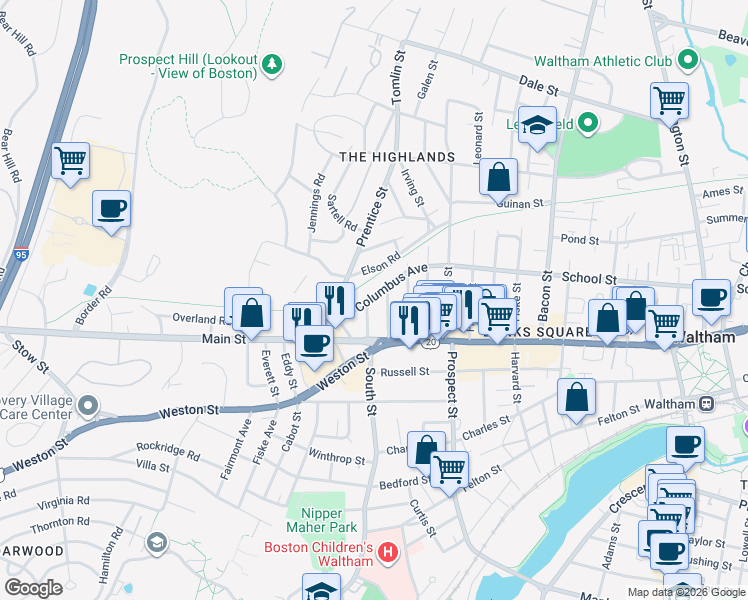 map of restaurants, bars, coffee shops, grocery stores, and more near 69 Columbus Avenue in Waltham