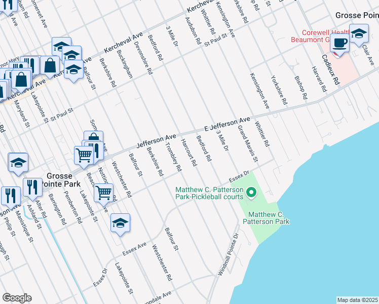 map of restaurants, bars, coffee shops, grocery stores, and more near 936 Harcourt Road in Grosse Pointe Park