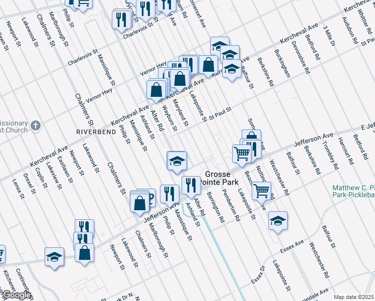 map of restaurants, bars, coffee shops, grocery stores, and more near 1051 Maryland Street in Grosse Pointe Park