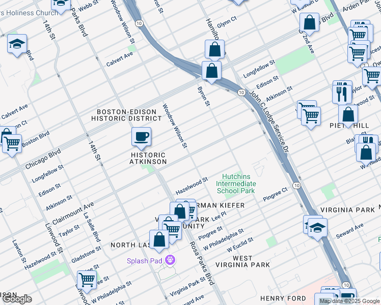 map of restaurants, bars, coffee shops, grocery stores, and more near 1605 Atkinson Street in Detroit