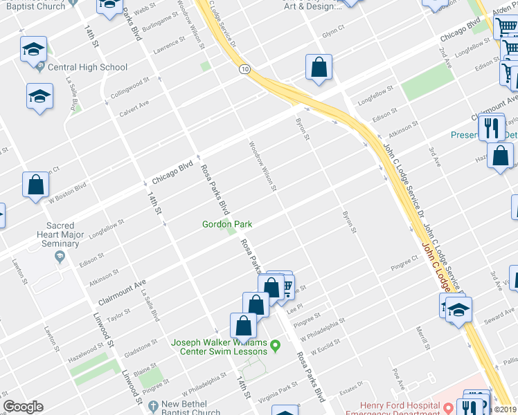 map of restaurants, bars, coffee shops, grocery stores, and more near 1674 Atkinson Street in Detroit