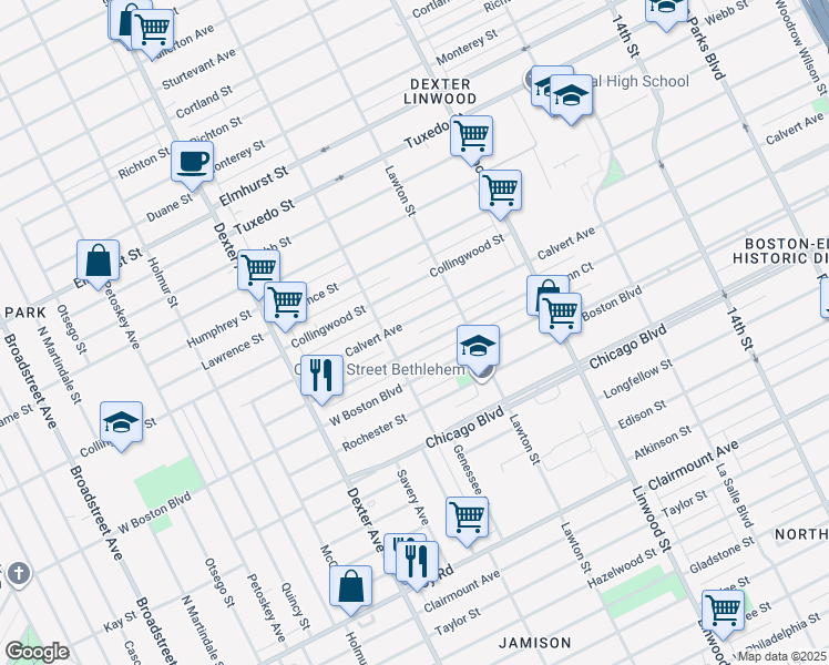 map of restaurants, bars, coffee shops, grocery stores, and more near 2959 Calvert Avenue in Detroit