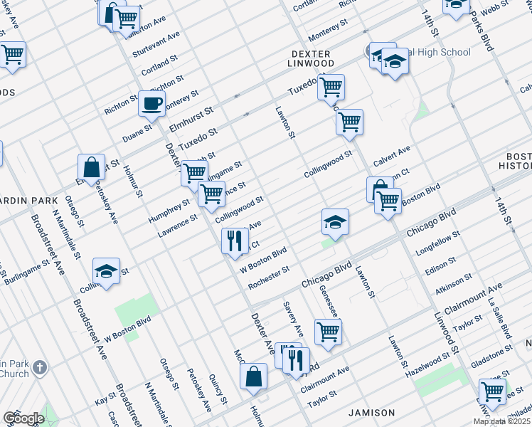 map of restaurants, bars, coffee shops, grocery stores, and more near 3241 Collingwood Street in Detroit