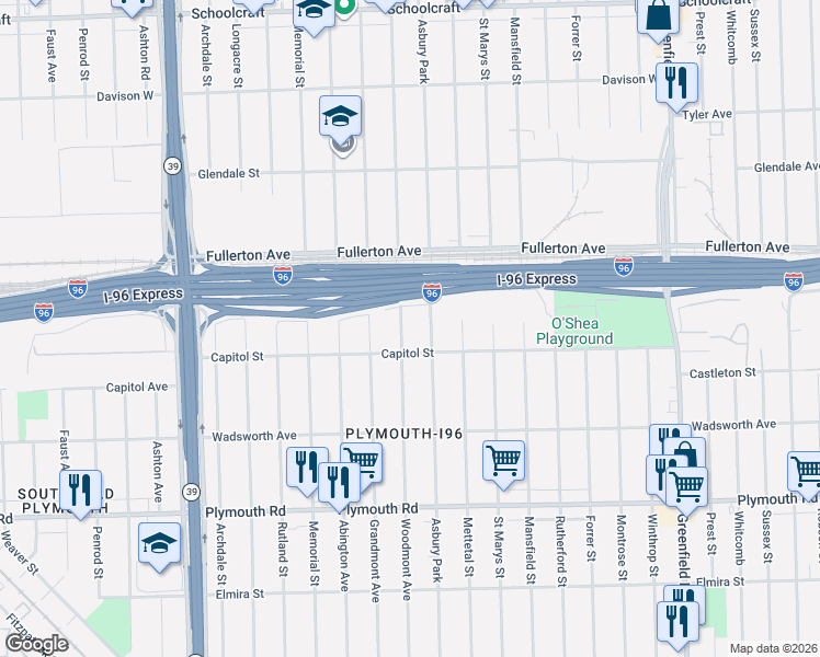 map of restaurants, bars, coffee shops, grocery stores, and more near 12267 Asbury Park in Detroit