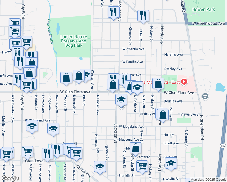 map of restaurants, bars, coffee shops, grocery stores, and more near 1313 Walnut Street in Waukegan