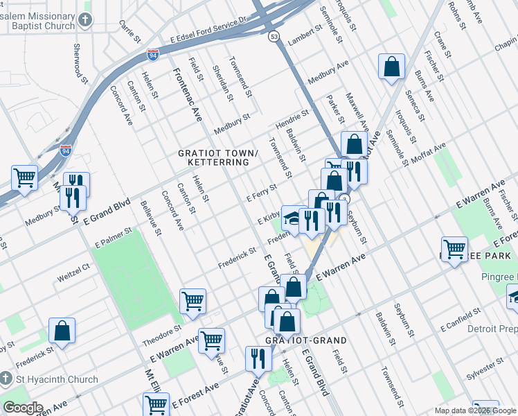 map of restaurants, bars, coffee shops, grocery stores, and more near 5457 Field Street in Detroit