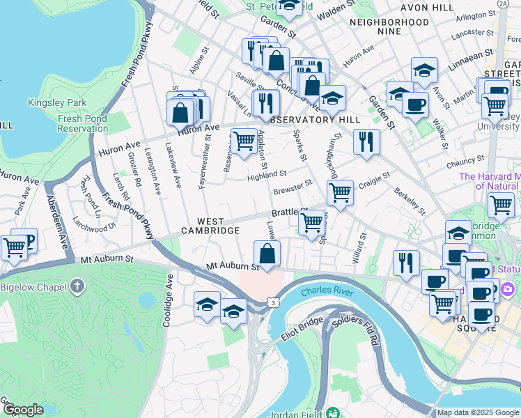 map of restaurants, bars, coffee shops, grocery stores, and more near 159 Brattle Street in Cambridge